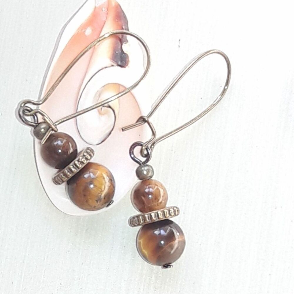 Brown Tiger's eye Antique.Bronze Semi-hoops Hidden Meaning earrings Natura  476■